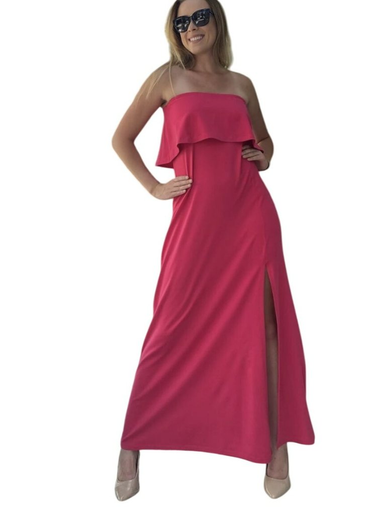 Susan Monaco Hibiscus Red Pink Strapless Ruffle Slit Maxi Dress Small New